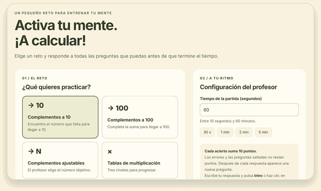 Pantalla del taller de cálculo mental: el alumno elige el reto y el profesor configura el tiempo